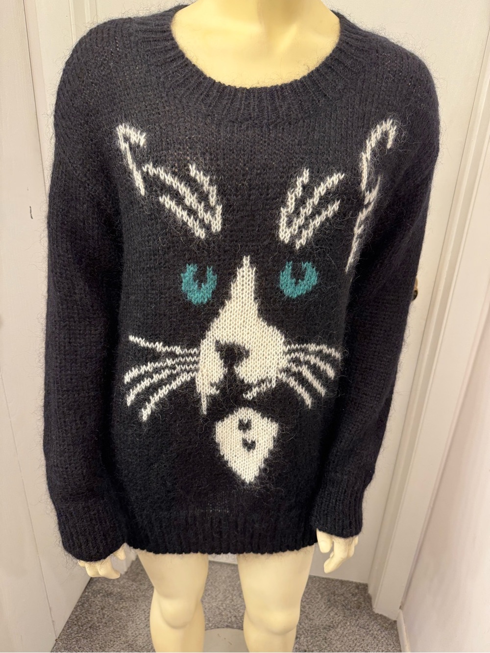 Bar III Black Knit Sweater with White Cat Face and Teal Eyes